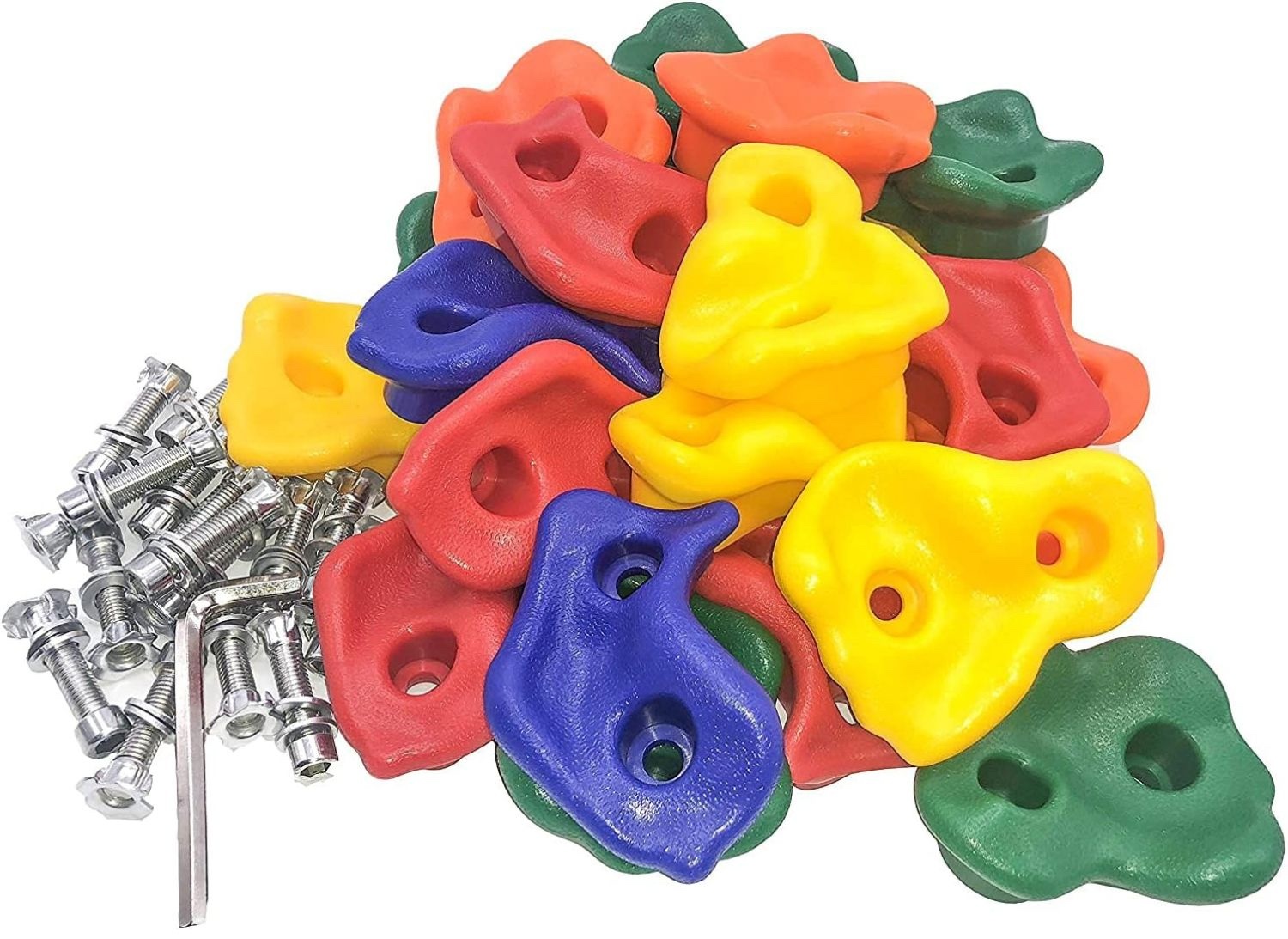 Colourful climbing holds installed on a children's climbing wall